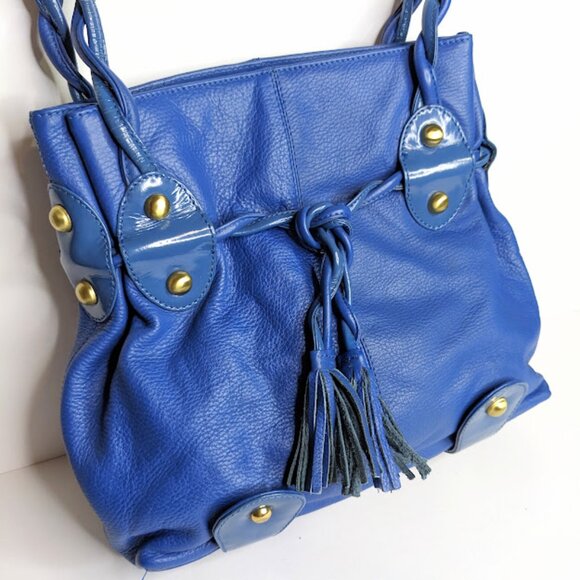 Michael Rome Italian Leather Shoulder Bag Blue Pebbled Handbag with Tassels - Picture 2 of 10